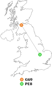 map showing distance between G69 and PE8