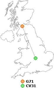 map showing distance between G71 and CV31