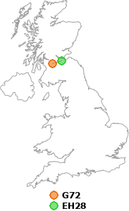 map showing distance between G72 and EH28