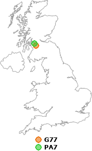 map showing distance between G77 and PA7