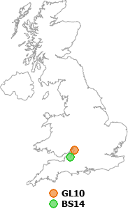 map showing distance between GL10 and BS14