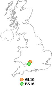 map showing distance between GL10 and BS16