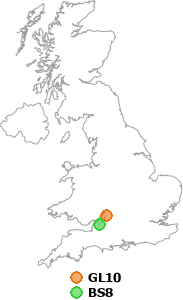 map showing distance between GL10 and BS8