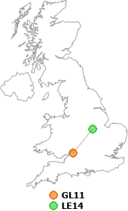 map showing distance between GL11 and LE14