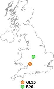 map showing distance between GL15 and B20