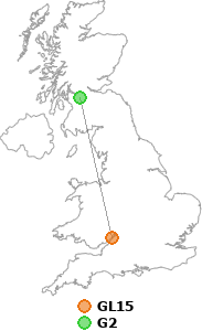 map showing distance between GL15 and G2