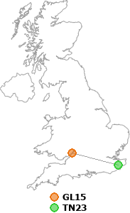 map showing distance between GL15 and TN23
