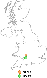 map showing distance between GL17 and BS32