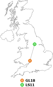 map showing distance between GL18 and LS11