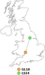 map showing distance between GL18 and LS14