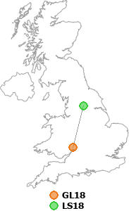 map showing distance between GL18 and LS18
