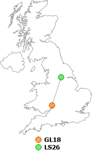 map showing distance between GL18 and LS26