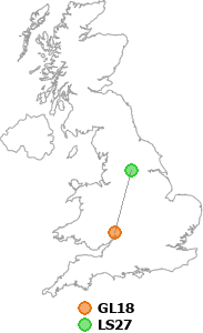 map showing distance between GL18 and LS27