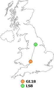 map showing distance between GL18 and LS8