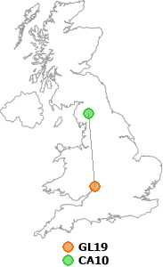 map showing distance between GL19 and CA10