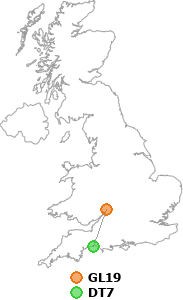 map showing distance between GL19 and DT7