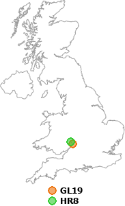 map showing distance between GL19 and HR8