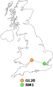 map showing distance between GL20 and RM1