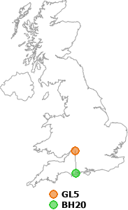 map showing distance between GL5 and BH20