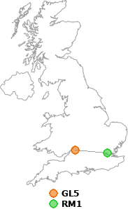 map showing distance between GL5 and RM1