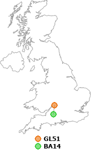map showing distance between GL51 and BA14