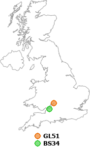 map showing distance between GL51 and BS34