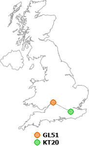 map showing distance between GL51 and KT20