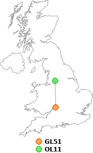 map showing distance between GL51 and OL11