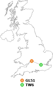 map showing distance between GL51 and TW6