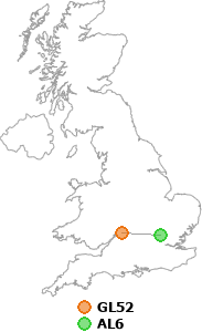 map showing distance between GL52 and AL6