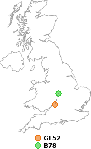 map showing distance between GL52 and B78