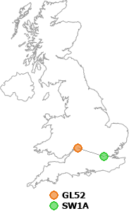 map showing distance between GL52 and SW1A