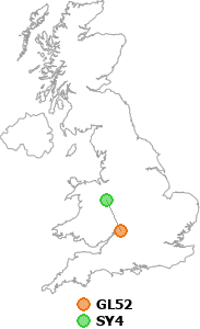 map showing distance between GL52 and SY4