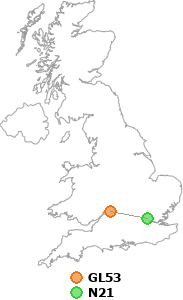 map showing distance between GL53 and N21