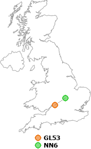 map showing distance between GL53 and NN6