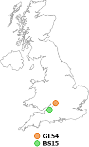 map showing distance between GL54 and BS15