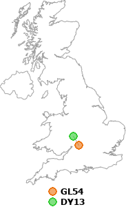 map showing distance between GL54 and DY13