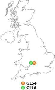 map showing distance between GL54 and GL18