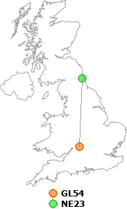 map showing distance between GL54 and NE23
