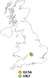 map showing distance between GL56 and OX7