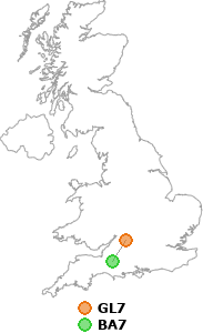 map showing distance between GL7 and BA7
