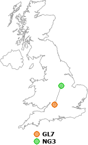 map showing distance between GL7 and NG3