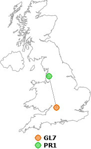 map showing distance between GL7 and PR1