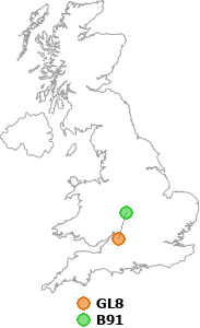 map showing distance between GL8 and B91