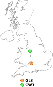 map showing distance between GL8 and CW3