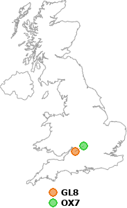 map showing distance between GL8 and OX7