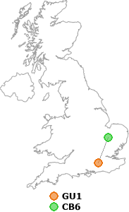 map showing distance between GU1 and CB6