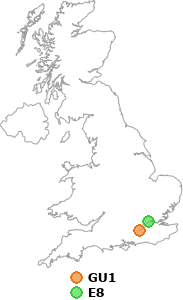 map showing distance between GU1 and E8