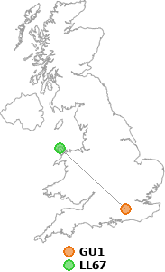 map showing distance between GU1 and LL67