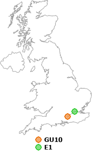 map showing distance between GU10 and E1